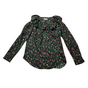 J. Crew Collection Blouse‎ Womens XXS Green Mushroom Ruffle Silk Twill Novelty